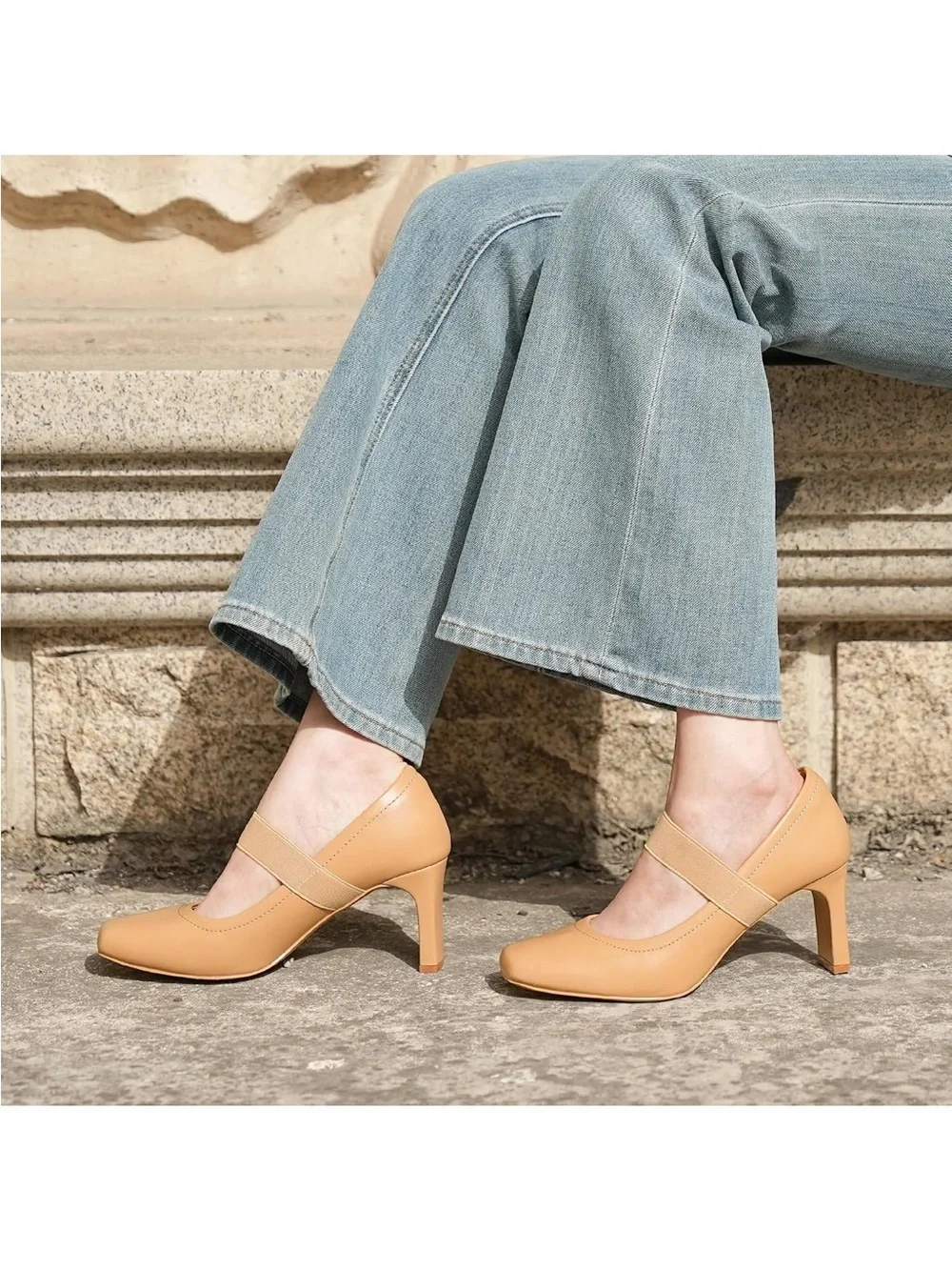 Benassal Women's Tan Mary Jane Block Heel Pumps